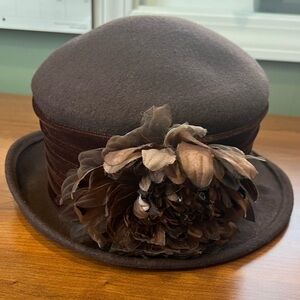 Cappelli Brown Felt Derby Hat with Faux Floral on Back